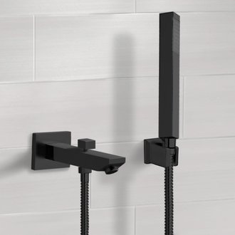 Tub Spout Matte Black Wall Mounted Tub Spout Set with Hand Shower Remer TDH06